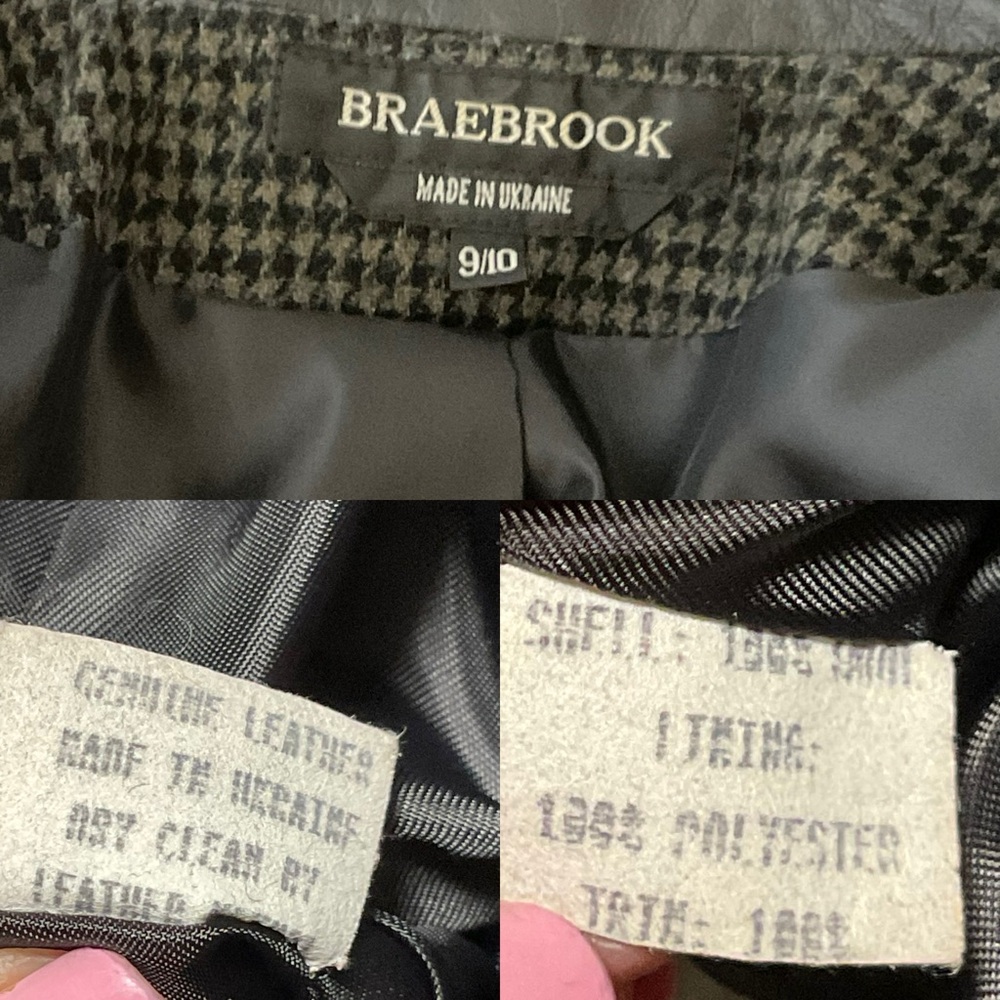 Braebrook Vintage wool houndstooth blazer leather collar & a cinched waist. 9/10 - Picture 14 of 15